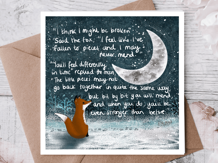 "Broken" Sympathy & Encouragement Card by Fox Under The Moon with fox and moon illustration, conveying hope and resilience.