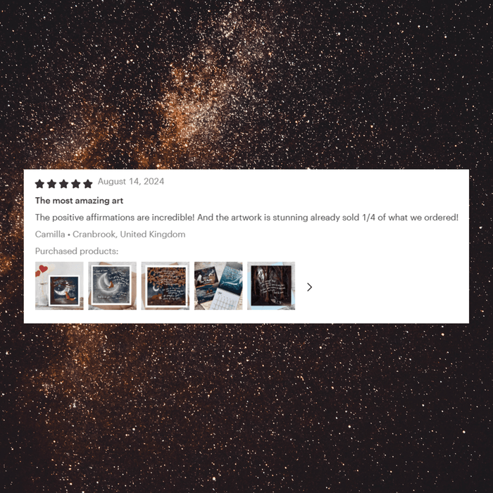 Review for "Broken" Sympathy & Encouragement Card by Fox Under The Moon with starry background.
