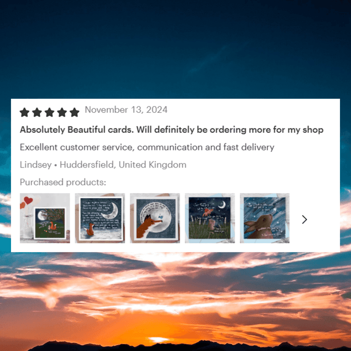 Review for "Broken" Sympathy & Encouragement Card by Fox Under The Moon, praising beautiful cards and good service.