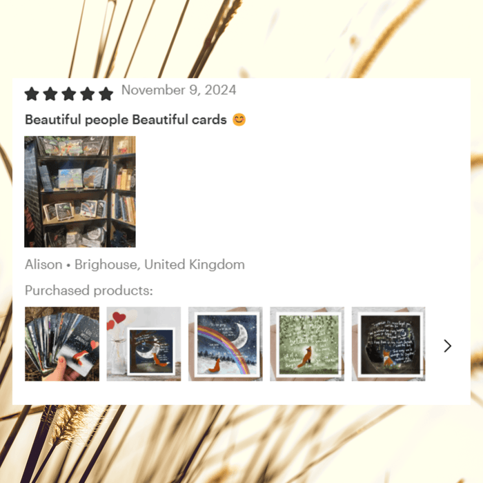 Review for "Broken" Sympathy & Encouragement Card by Fox Under The Moon with cards displayed in a shop.