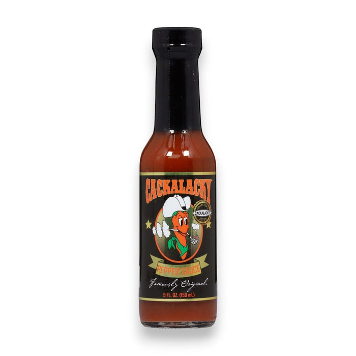 A 5 oz bottle of Cackalacky Jack Pepper Sauce Special Edition by Cackalacky, featuring a black label with a cartoon pepper character and the text “Family Original.”.