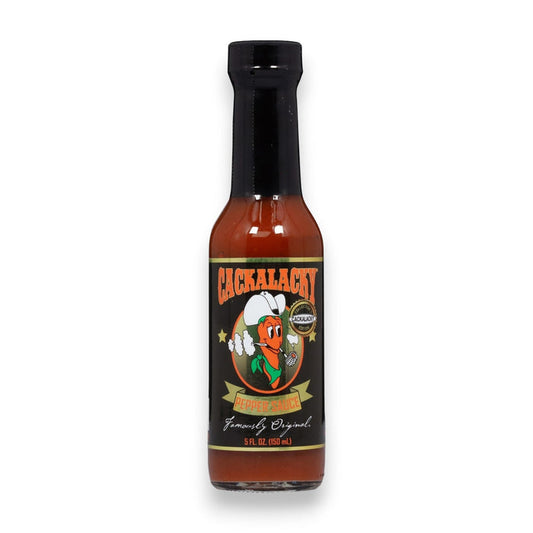 A 5 oz bottle of Cackalacky Jack Pepper Sauce Special Edition by Cackalacky, featuring a black label with a cartoon pepper character and the text “Family Original.”.