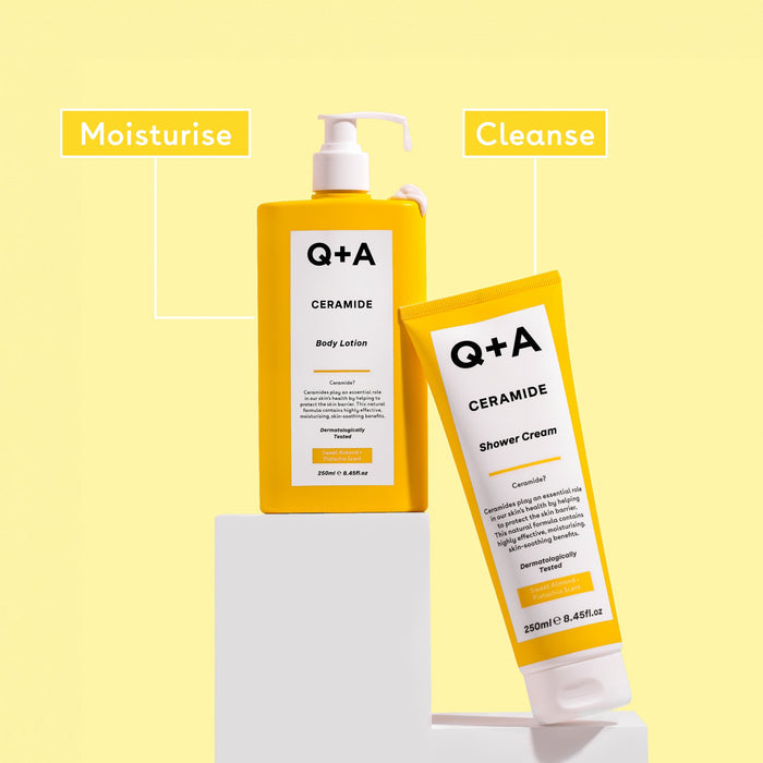 Q+A Ceramide body lotion and shower cream on a yellow background