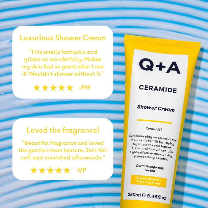 Q+A Ceramide Shower Cream tube with customer reviews on a striped background