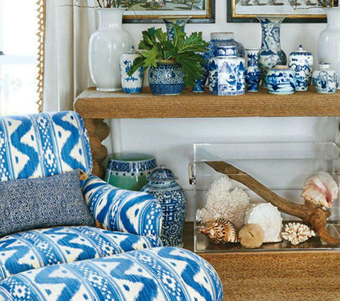 China Seas Fabric: Bali Hai - Custom Blue on Tinted Belgian Linen / Cotton