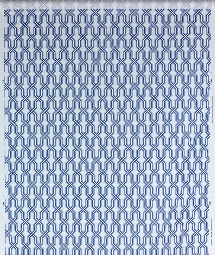 China Seas Fabric: Gorrivan Fretwork - Custom Slate Blue / Navy on White Belgian Linen / Cotton