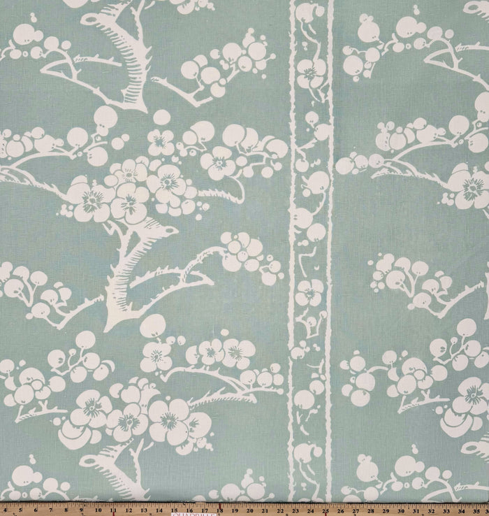 China Seas Fabric: Hawthorne - Pale Aqua on White 100% Linen
