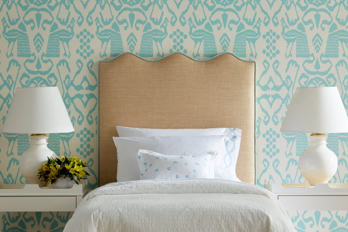 China Seas Wallpaper: Bali Isle - Custom Sapphire Ice Blue on Almost White Paper