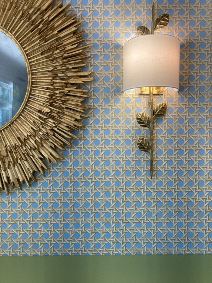China Seas Wallpaper: Club Cane - Custom Creams / Taupe / Light Blue (FIVE YARD MINIMUM)