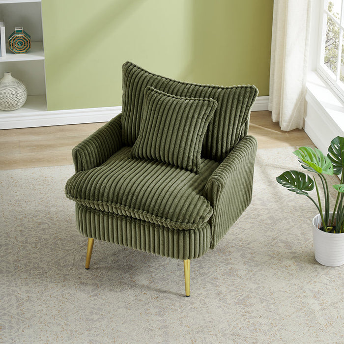 Corduroy Chair with Metal feet and a Throw Pillow (Green)