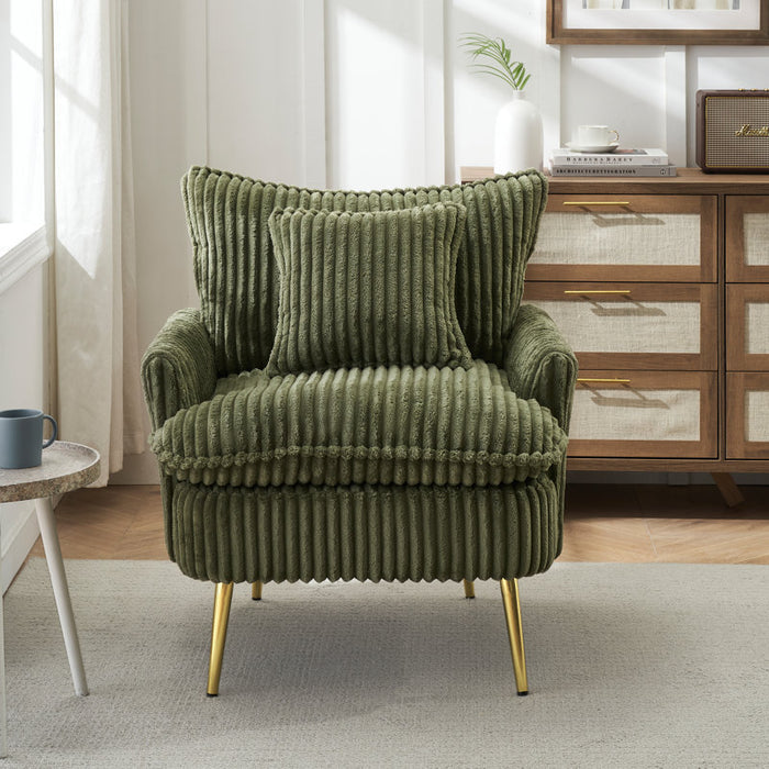 Corduroy Chair with Metal feet and a Throw Pillow (Green)