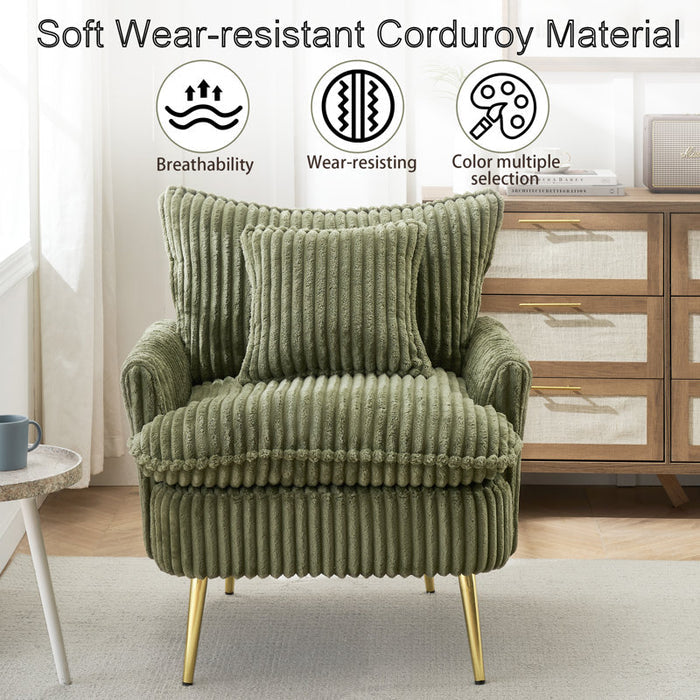 Corduroy Chair with Metal feet and a Throw Pillow (Green)