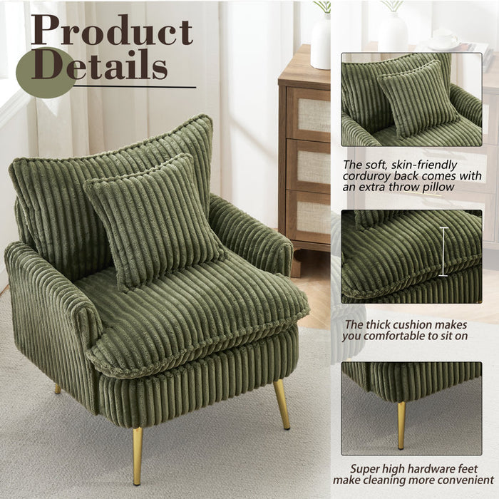 Corduroy Chair with Metal feet and a Throw Pillow (Green)