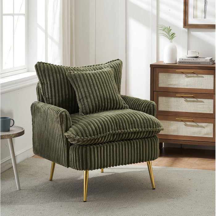 Corduroy Chair with Metal feet and a Throw Pillow (Green)