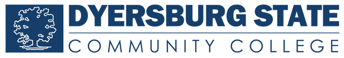 A logo displays “DYERSBURG STATE” above a line and “COMMUNITY COLLEGE” below it, all in navy blue text; a stylized white tree is to the left.