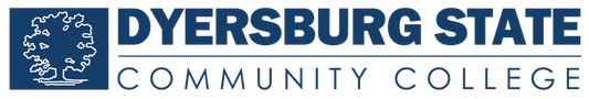 A logo displays “DYERSBURG STATE” above a line and “COMMUNITY COLLEGE” below it, all in navy blue text; a stylized white tree is to the left.