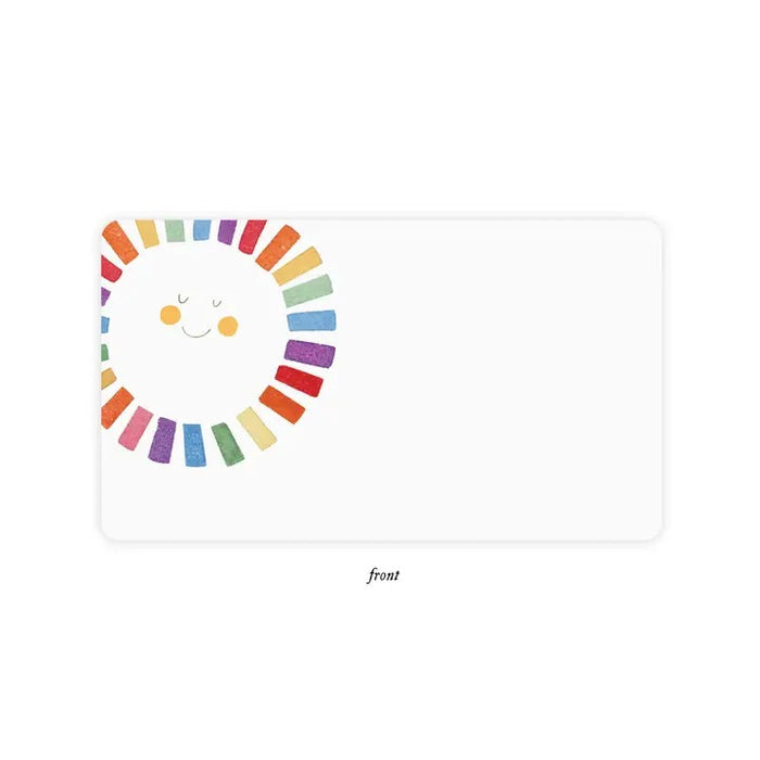 The E. FRANCES PAPER Little Notes Rainbow Sun mini card features a half-circle of colorful textured rectangles in rainbow order along the top and sides, with "Little Notes® by E. Frances Paper. Please Recycle Me." printed in the center. "Back" shown below.