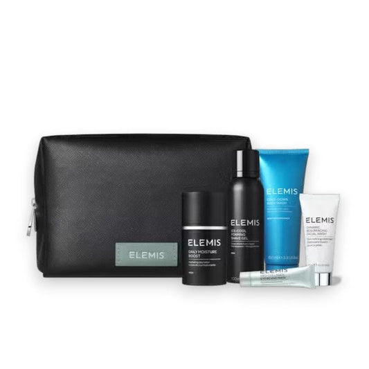The ELEMIS - THE GROOMING COLLECTION by ELEMIS - STEINER features a sleek black toiletry bag containing five grooming essentials. Inside, you'll find a blue tube, two black bottles, a white tube, and a white container—all ideal for your travel needs and each proudly showcasing the ELEMIS logo.