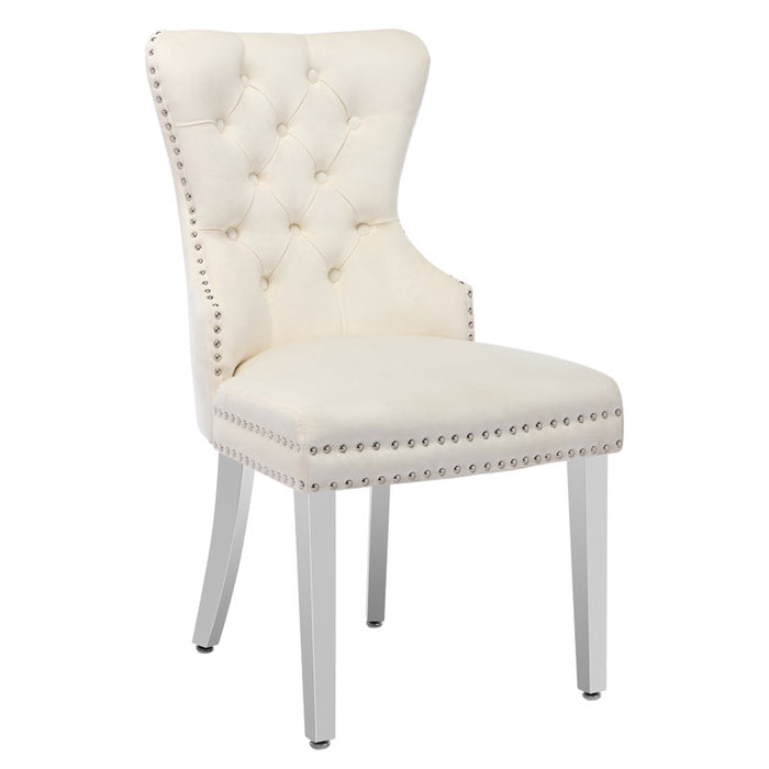 Fauteuil Parsons à oreilles capitonné en velours beige et blanc