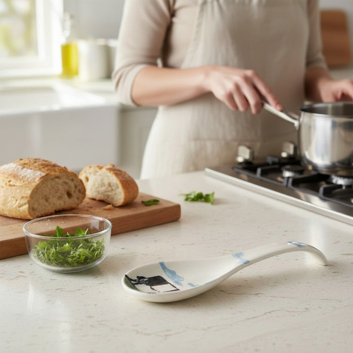 The FEARRINGTON SIGNATURE COLLECTION - BELTIE SPOON REST BY VIETRI features a playful black and white Beltie cow design with a UFO beam—an eye-catching, quirky accent from VIETRI that brings Fearrington Village charm to your kitchen.