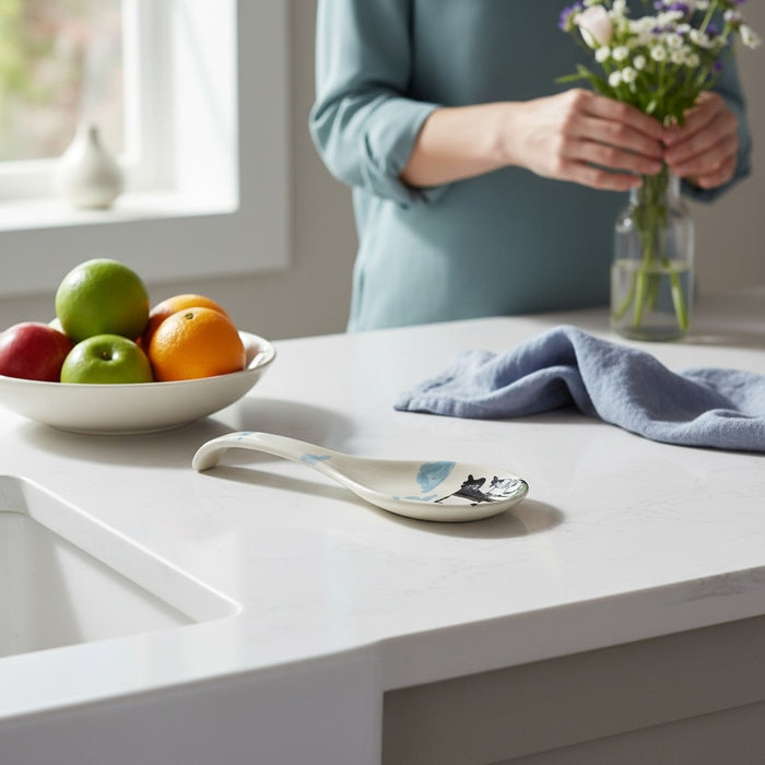 The FEARRINGTON SIGNATURE COLLECTION - BELTIE SPOON REST BY VIETRI features a playful black and white Beltie cow design with a UFO beam—an eye-catching, quirky accent from VIETRI that brings Fearrington Village charm to your kitchen.