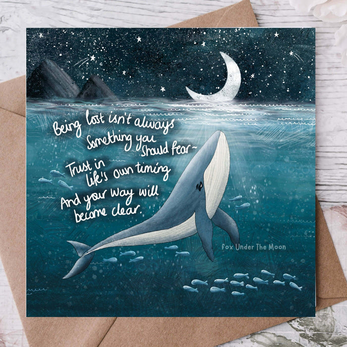 "Find Your Way" - Greeting Card by Fox Under The Moon featuring a whale and inspirational quote.
