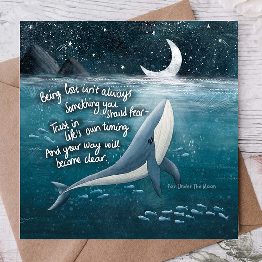 "Find Your Way" - Greeting Card by Fox Under The Moon featuring a whale and inspirational quote.