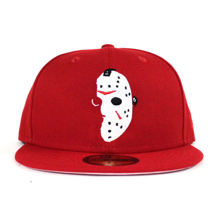 Friday the 13th Jason Head New Era 59Fifty Fitted Hat (Red PINK Under Brim)