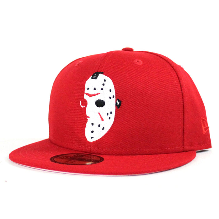 Friday the 13th Jason Head New Era 59Fifty Fitted Hat (Red PINK Under Brim)