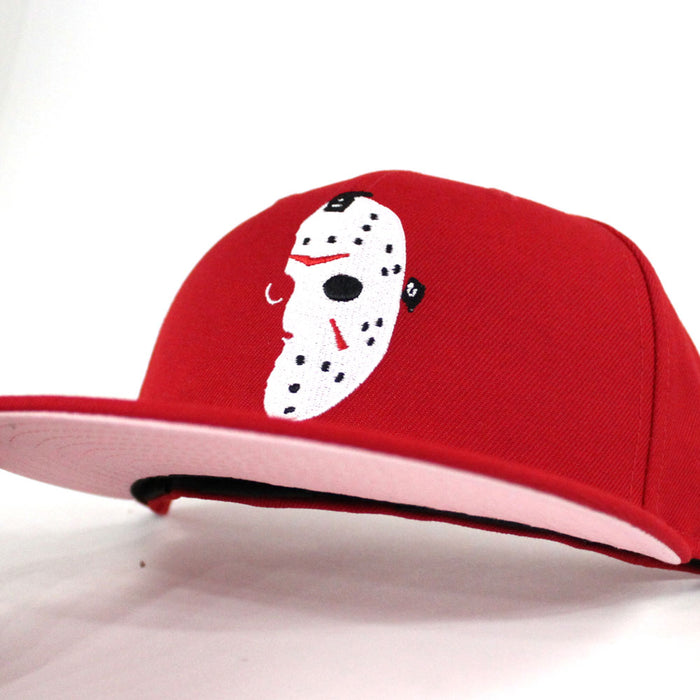 Friday the 13th Jason Head New Era 59Fifty Fitted Hat (Red PINK Under Brim)