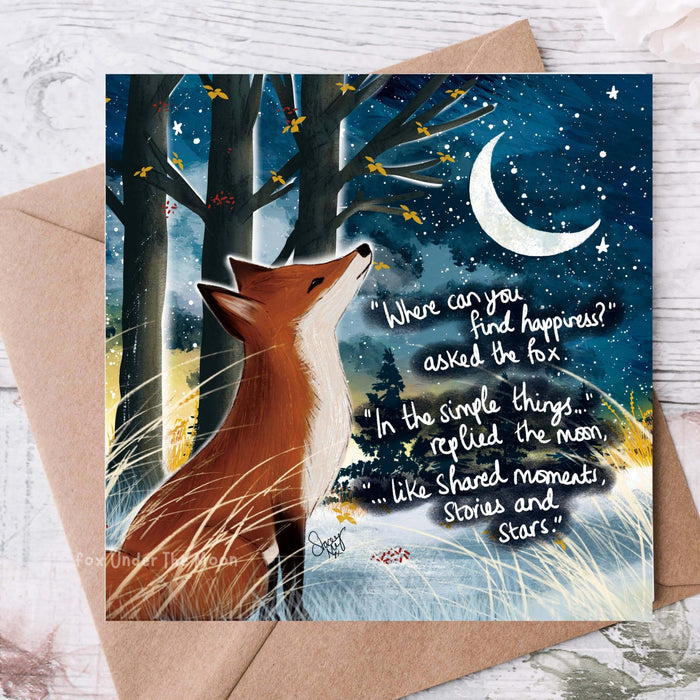 Happiness - Positivity Card From Fox Under The Moon featuring a fox and inspirational text about finding happiness.