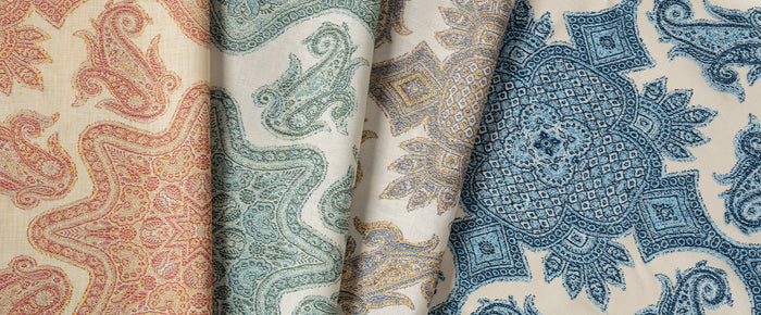 Home Couture Fabric: Parsa - Custom Slate Brown / Lavender / Yellow on Ecru 100% Linen