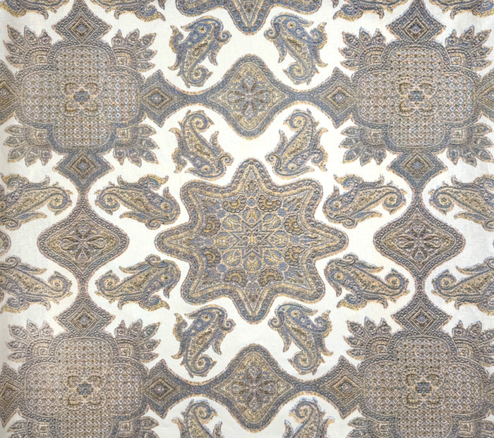Home Couture Fabric: Parsa - Custom Slate Brown / Lavender / Yellow on Ecru 100% Linen