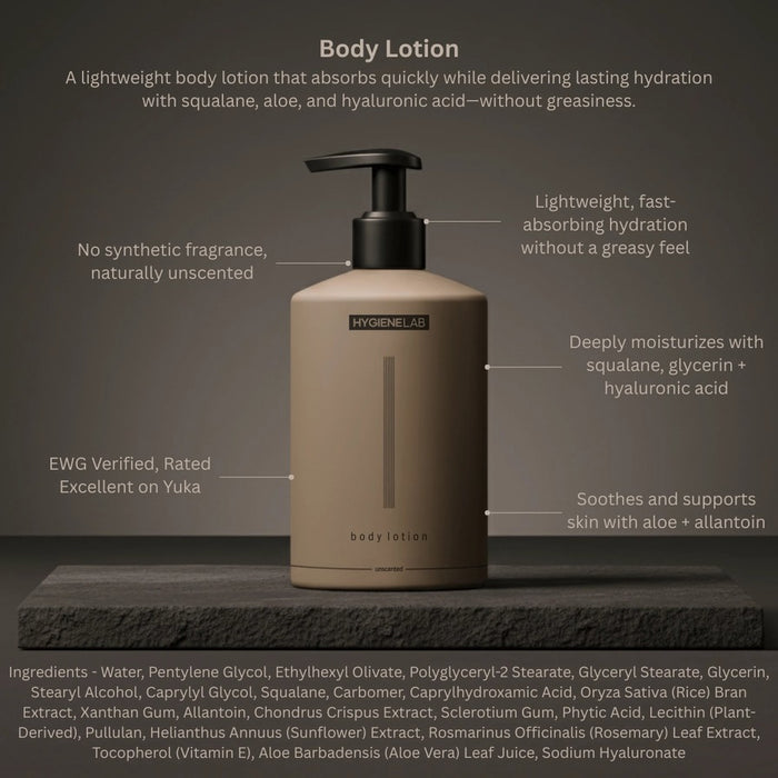 A beige bottle of HYGIENELAB - BODY LOTION, UNSCENTED with a black pump dispenser. The label displays “HYGIENELAB - BODY LOTION, UNSCENTED.” Dermatologist-approved and EWG verified, the design is simple and modern.