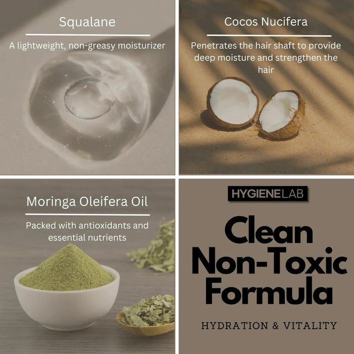 Four panels display squalane liquid, coconut halves, moringa powder, and fresh leaves—showcasing the nourishing ingredients in HYGIENELAB - CONDITIONER, UNSCENTED by HYGIENELAB. The text highlights natural benefits for hair and skin. In the bottom right panel: “Clean Non-Toxic Formula. Hydration & Vitality.”.