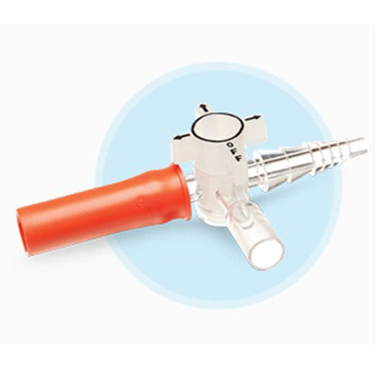 A clear stopcock with arrows and the word "OFF" is connected to a red sleeve and a ridged nozzle, set against a faded blue circular backdrop.