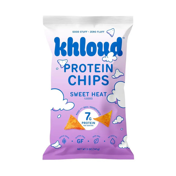 A 5 oz (141g) bag of KHLOUD FOODS’ KHLOUD- SWEET HEAT PROTEIN CHIPS, featuring a bold and spicy “sweet heat” flavor. The purple and white packaging with cloud designs displays a chip along with callouts for “7g protein,” “GF,” and the flavor name.