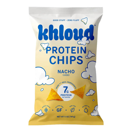 A 5 oz (141g) bag of KHLOUD NACHO PROTEIN CHIPS by KHLOUD FOODS, featuring an illustration of clouds and tortilla-style chips. The packaging highlights 7g of protein per serving and notes that the chips are gluten-free, non-GMO, and free from nut and seed oils for a satisfyingly savory flavor.