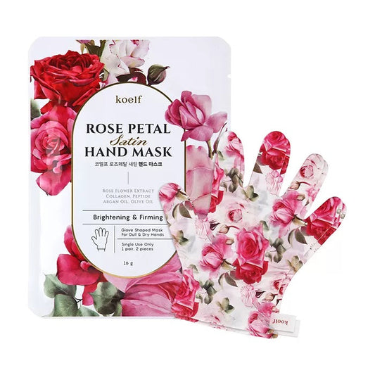 KOELF Rose Petal Satin Hand Mask is a glove-type hand treatment that delivers deep hydration and nourishment to dry, tired hands. Infused with Rose Extract, Shea Butter, and Niacinamide, it helps restore softness and improve skin tone and texture. Urea and Salicylic Acid gently smooth rough areas, while Ceramide NP and Hyaluronic Acid lock in lasting moisture and strengthen the skin barrier. With added Olive and Argan Oils plus peptides and amino acids, this mask leaves hands silky, refreshed, a