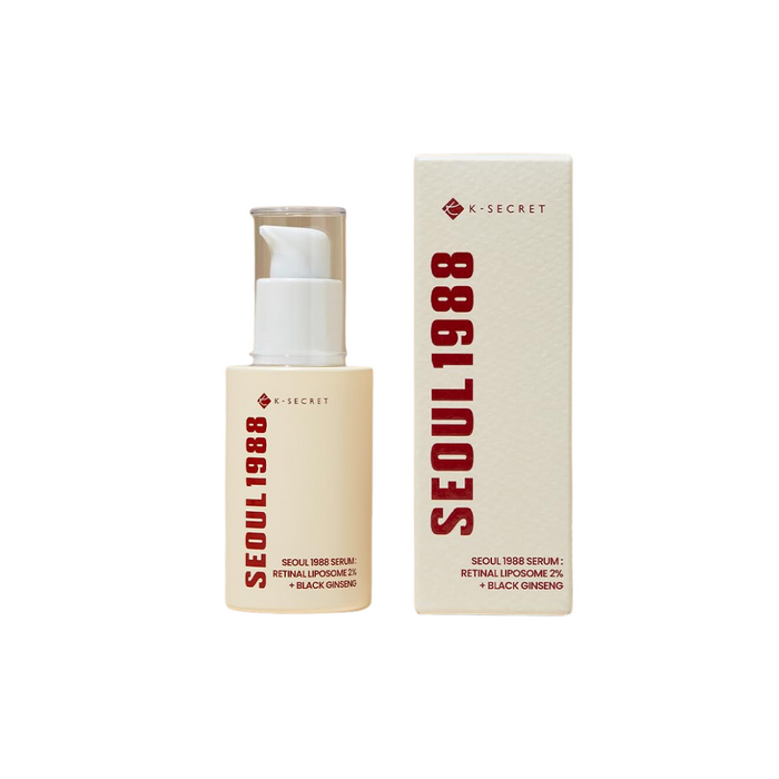 KSECRET SEOUL 1988 Serum: Retinal Liposome 2% + Black Ginseng is a powerful anti-aging treatment designed to smooth, firm, and revitalize the skin. Formulated with Retinal 2% in liposome form, it promotes cell renewal and reduces the appearance of fine lines and wrinkles with less irritation. Black Ginseng Extract deeply nourishes and helps improve elasticity, while Niacinamide and Vitamin C derivative brighten and even out skin tone. Enriched with Peptides, Bakuchiol, and Adenosine, this serum