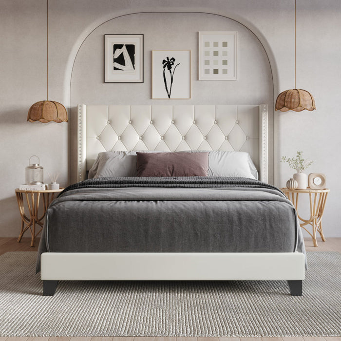 Lit plateforme Elison avec tête de lit rembourrée en tissu et sommier à lattes en bois BEIGE (Twin)