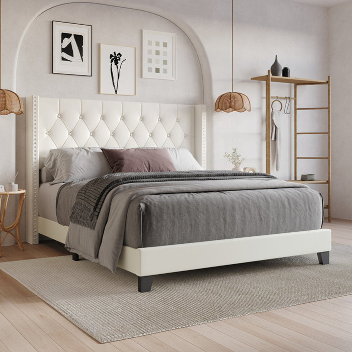 Lit plateforme Elison avec tête de lit rembourrée en tissu et sommier à lattes en bois BEIGE (Twin)