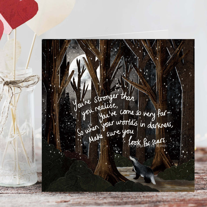 Look For Stars - Greeting Card by Fox Under The Moon featuring a heartfelt message in a starry forest setting.