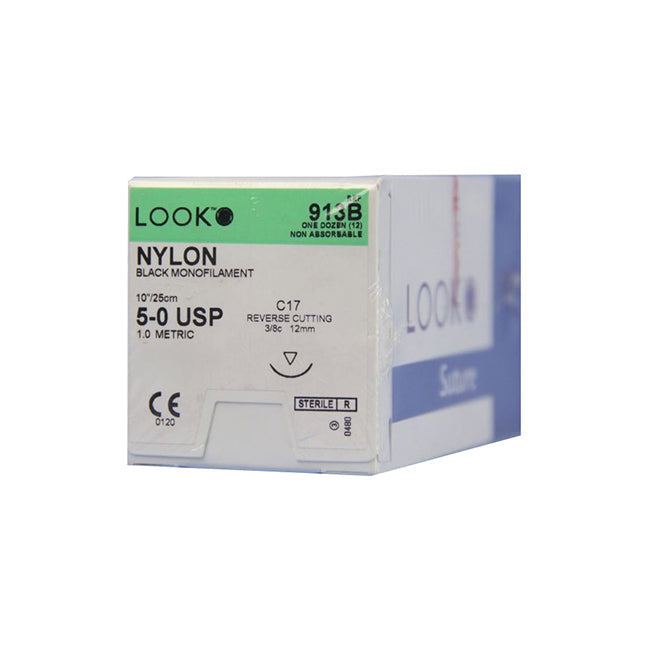 A box sits on a white surface, the packaging showing details: "LOOKO NYLON BLACK MONOFILAMENT 10"/25cm 5-0 USP 1.0 METRIC CE 0120, 913B ONE DOZEN (12) NON ABSORBABLE C17 REVERSE CUTTING 3/8c 12mm STERILE R 0480, LOOK Suture."