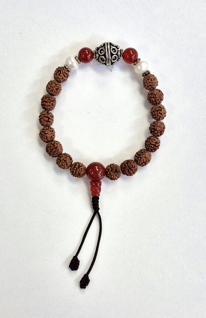 Mala Bracelet - Rudraksha, Pearl & Carnelian with Carnelian Guru Bead