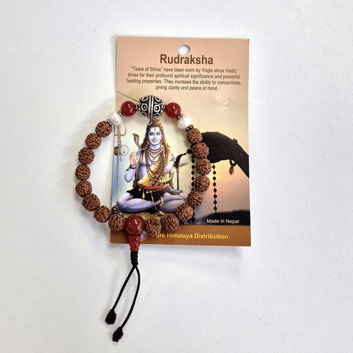 Mala Bracelet - Rudraksha, Pearl & Carnelian with Carnelian Guru Bead