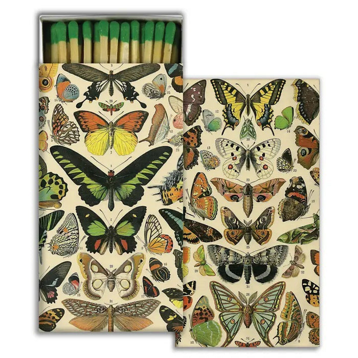 The HOMART MATCHES - BUTTERFLY SPECIMENS box features green-tipped safety matches and a vintage-style butterfly illustration—an ideal hostess gift or decorative accent.