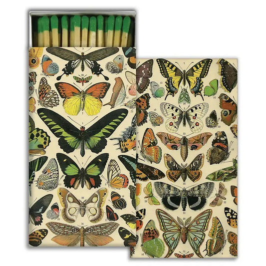 The HOMART MATCHES - BUTTERFLY SPECIMENS box features green-tipped safety matches and a vintage-style butterfly illustration—an ideal hostess gift or decorative accent.