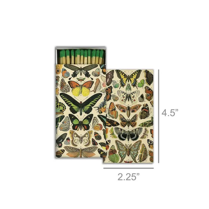 The HOMART MATCHES - BUTTERFLY SPECIMENS box features green-tipped safety matches and a vintage-style butterfly illustration—an ideal hostess gift or decorative accent.