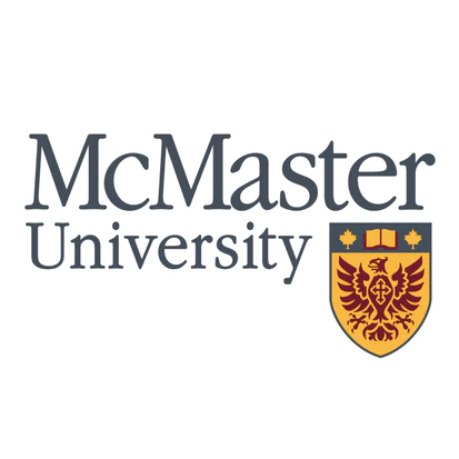A McMaster University logo displays its name, positioned above a heraldic shield featuring a stylized eagle. The text reads "McMaster University".